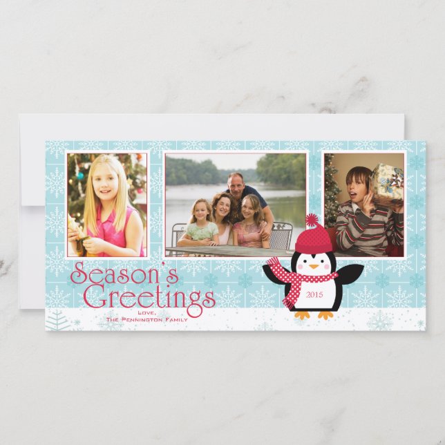 Snöflingor penguinsäsongens hälsningar 3 fotokort julkort (Framsida)