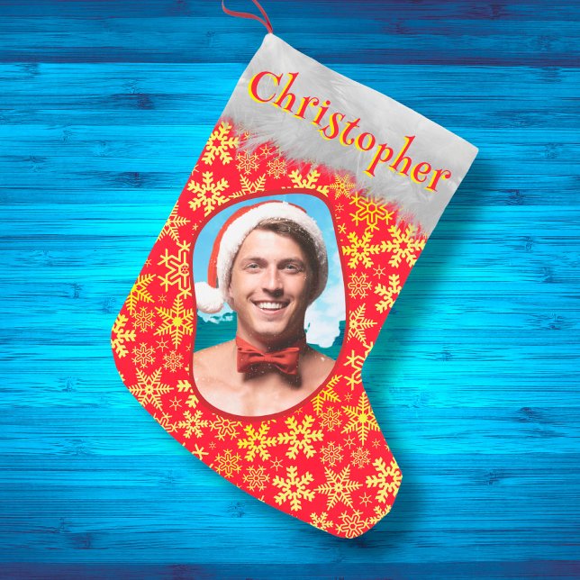 Snöflingor Red & Guld Festive Elegant Photo Namn Liten Julstrumpa (Skapare uppladdad)