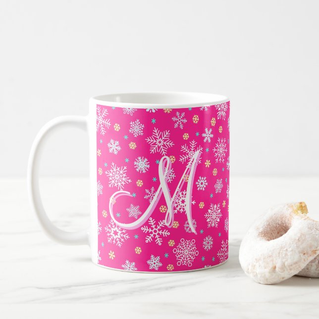 Snöflingor Rosa Shock rosa Modern Chic Monogram Kaffemugg (Med munk)