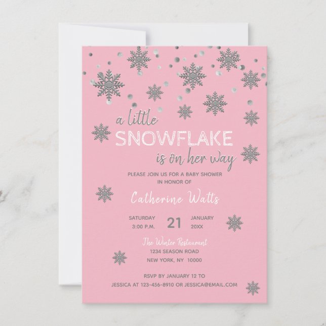 Snöflingor Rosa Silver Grått BABY SHOWER | Flicka Inbjudningar (Framsida)