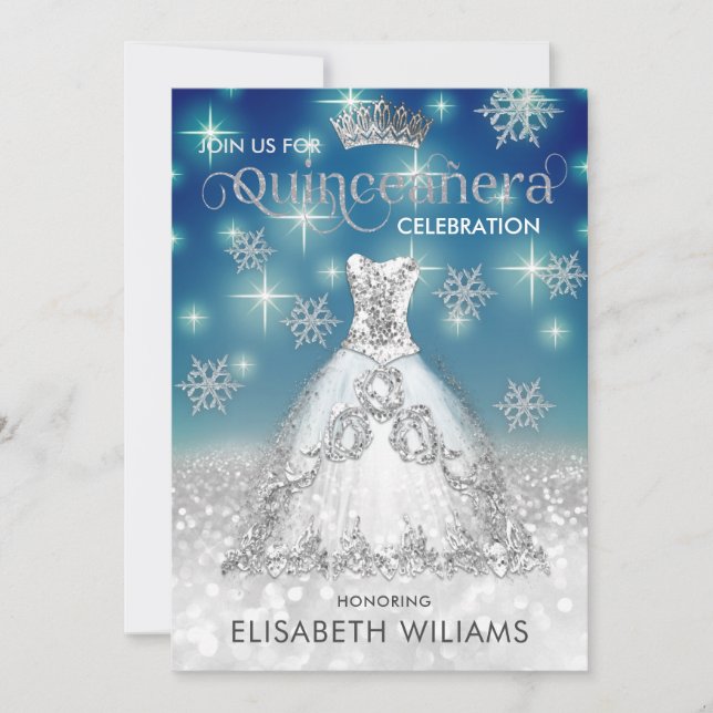 Snöflingor Silver dress ombre tiara Quinceañera I Inbjudningar (Framsida)