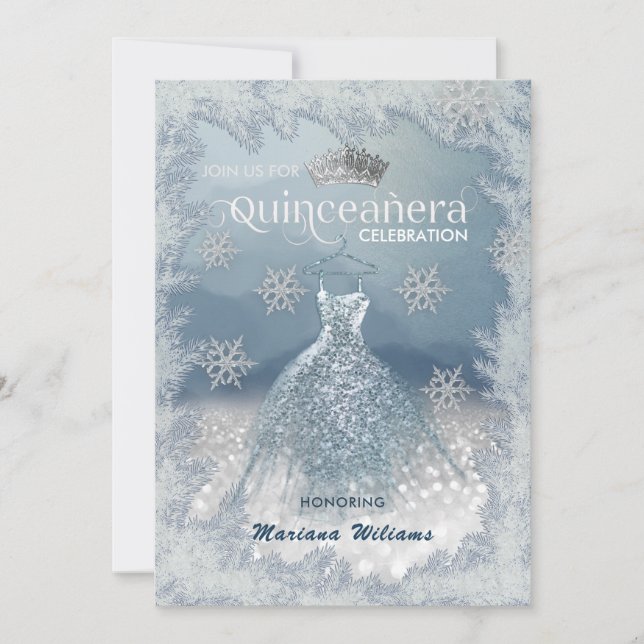 Snöflingor Silver dress ombre tiara Quinceañera I Inbjudningar (Framsida)