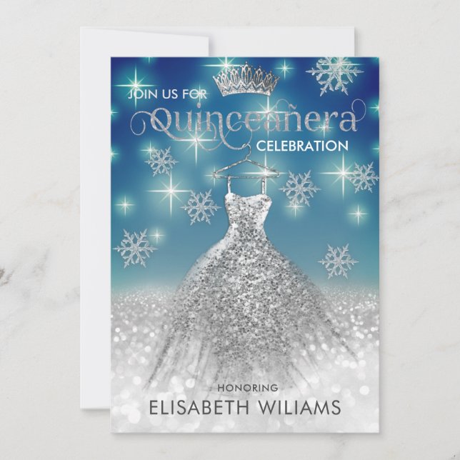 Snöflingor Silver dress ombre tiara Quinceañera I Inbjudningar (Framsida)