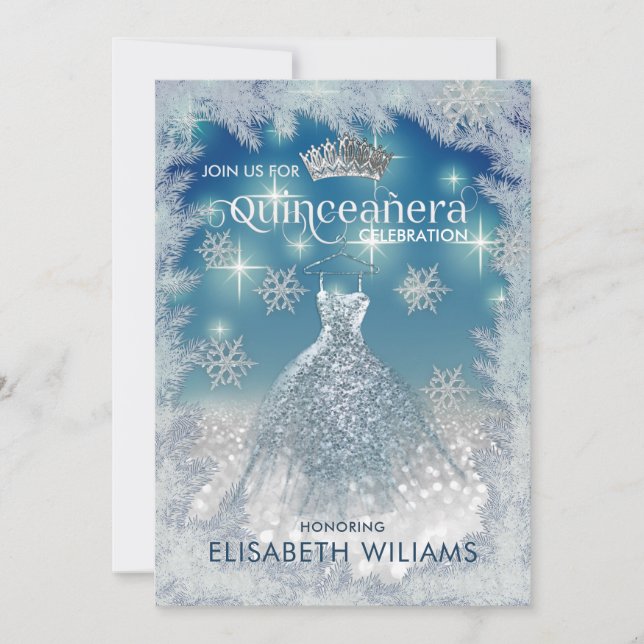 Snöflingor Silver dress ombre tiara Quinceañera Inbjudningar (Framsida)
