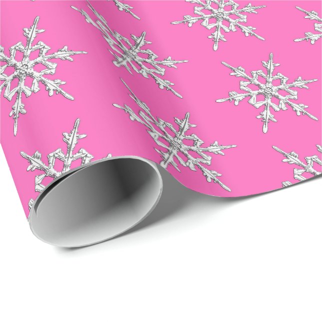 Snöflingor, silver kristaller på fuchsisk rosa presentpapper (Rullad Hörn)