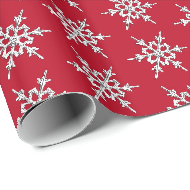 Snöflingor silverkristaller på röd mörk - presentpapper (Rullad Hörn)