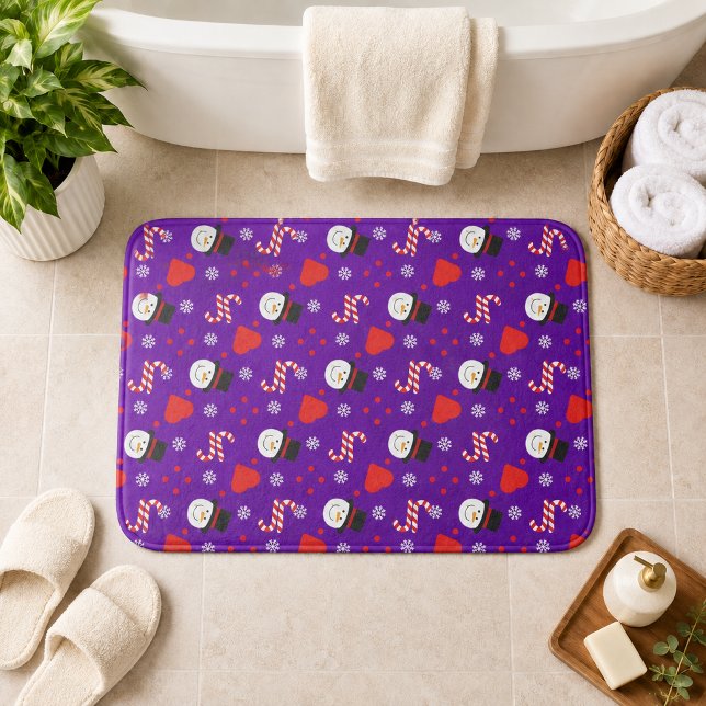Snöflingor Snömannestångar Blå Bakgrund Badrumsmatta (Snowflakes Snowman Candy Canes Blue Background Bath Mat)