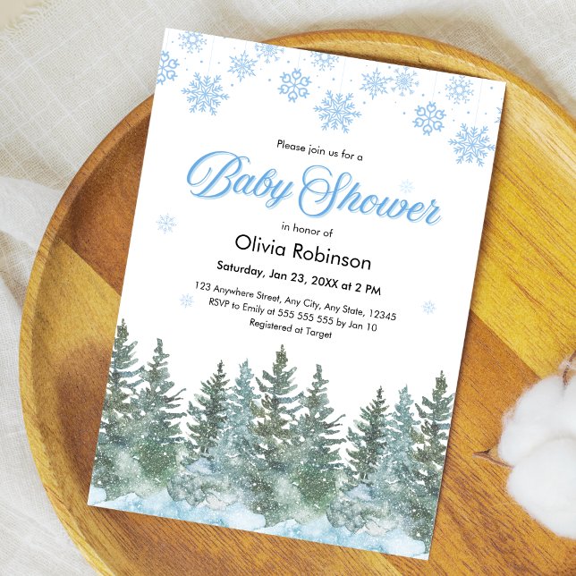 Snöflingor Tallar Vinter Bebisshower Inbjudningar (Snowflakes Pine Trees Winter Baby Shower Invitation )