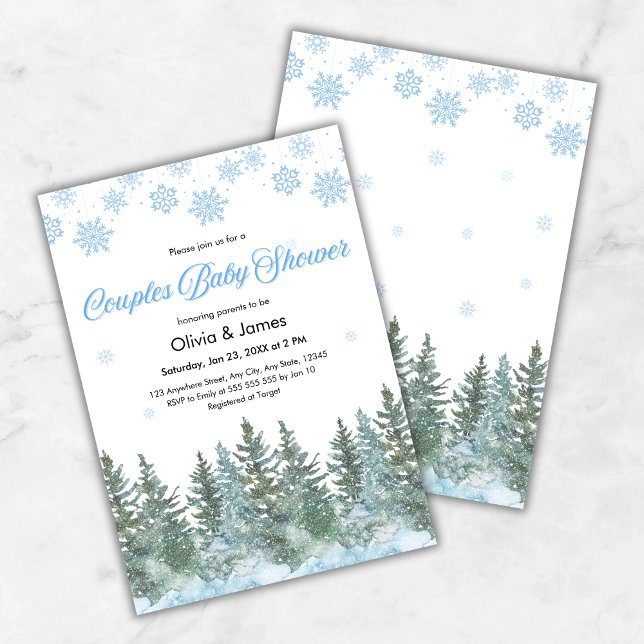 Snöflingor Tallar Vinter Par Babyshower Inbjudningar (Snowflakes Pine Trees Winter Couples Baby Shower Invitation  )