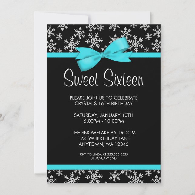 Snöflingor Teal Bow Winter Wonderland Sweet 16 Inbjudningar (Framsida)