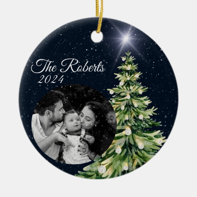 Snöflingor & Träd Winter Charm Elegant Navy Blue Julgransprydnad Keramik (Framsidan)