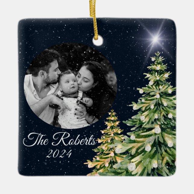 Snöflingor & Träd Winter Charm Elegant Navy Blue Julgransprydnad Keramik (Framsida)