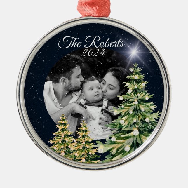 Snöflingor & Träd Winter Charm Elegant Navy Blue Julgransprydnad Metall (Framsidan)