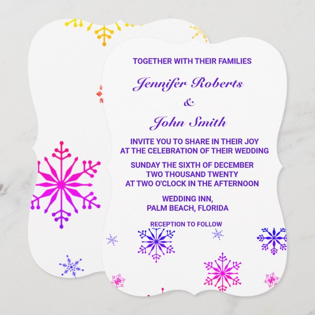 Snöflingor Unik färgad Mönster White Bröllop Inbjudningar (Fram/baksida)