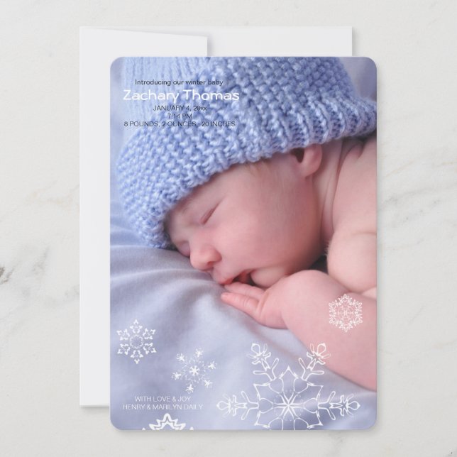 Snöflingor Winter Baby-meddelande om foto Birth Julkort (Framsida)