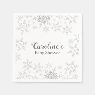 Snöflingor Winter Baby Shower Grått Silver Glitter Pappersservett