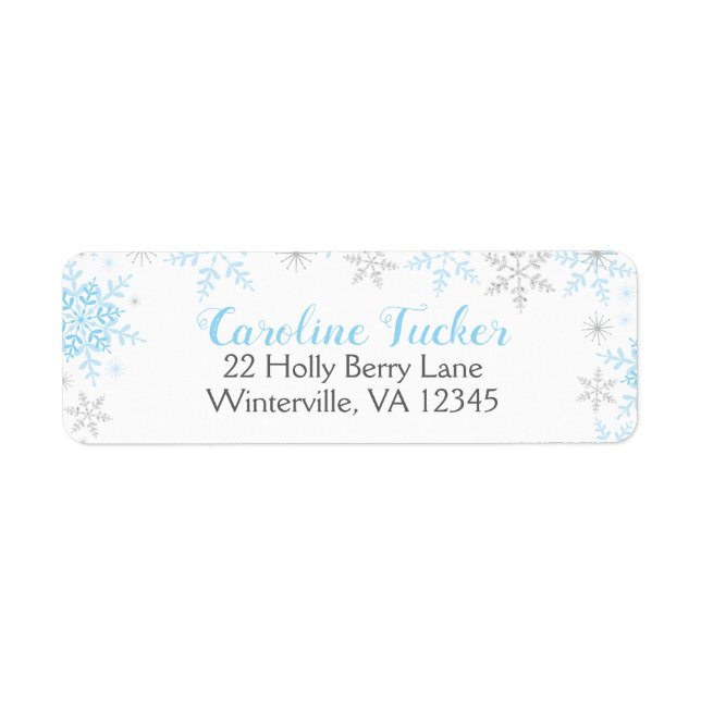 Snöflingor Winter Pojke Shower Blue Silver Returadress Etikett (Framsidan)
