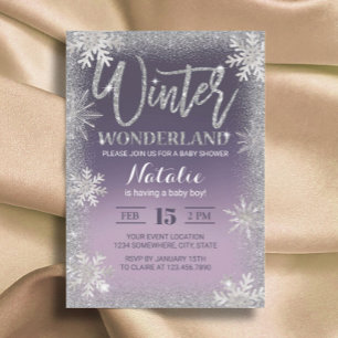 Snöflingor Winter Wonderland Lila Baby Shower Inbjudningar