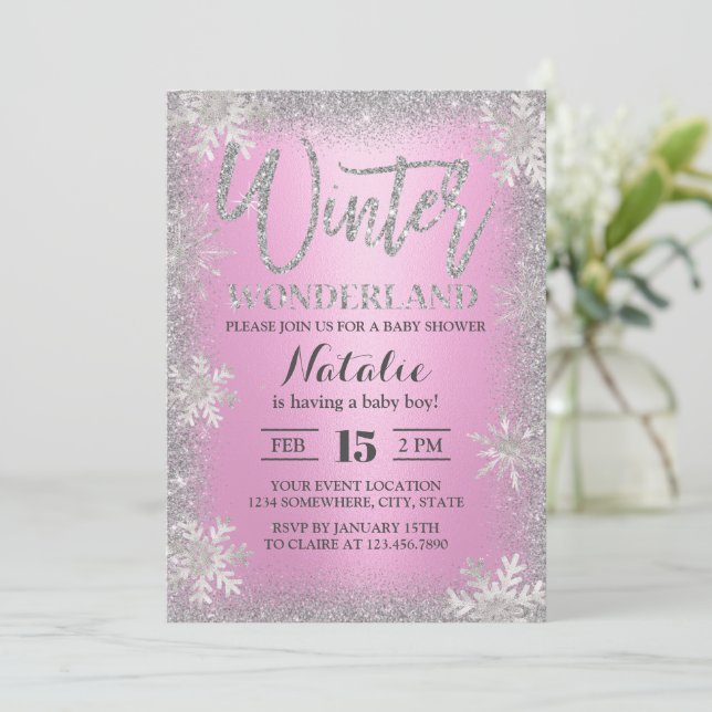 Snöflingor Winter Wonderland Rosa Baby Shower Inbjudningar (Stående Fram)