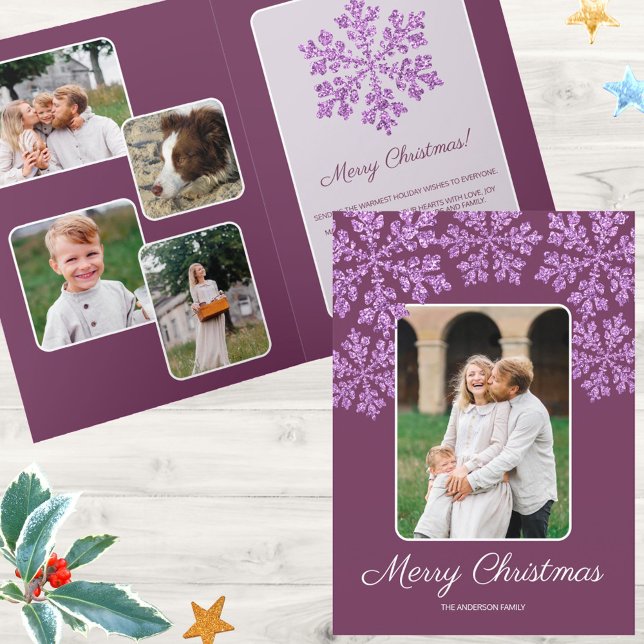 Snöflummel-Trendig, skript Chic 5 Foto Helgkort (Deep plum purple and faux purple snowflakes will make your 5 photos Christmas cards SO fun )