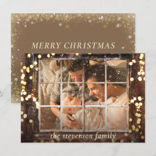 Snöfönster Guld Bokeh Ljus med Wood Photo Julkort