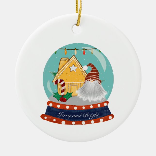 Snöglob Jul Gingerbread Hus med Tomte  Julgransprydnad Keramik (Framsidan)