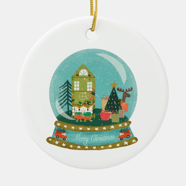 Snöglob Julby med Santa Hjortar  Julgransprydnad Keramik (Framsidan)