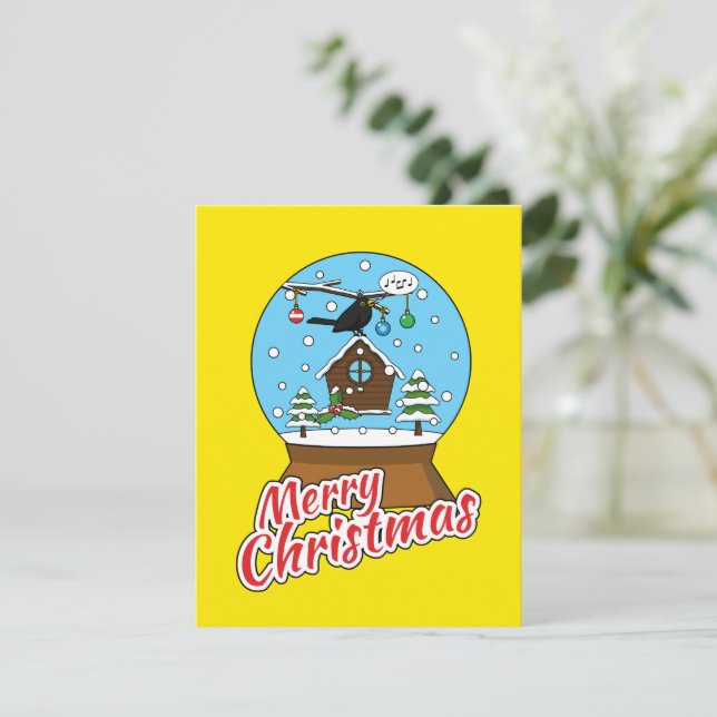 Snöglob med svartfågel som sjunger julkort (Stående Fram)