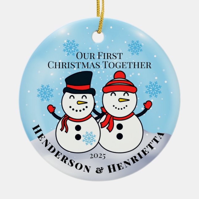Snögubbar Första jul tillsammans Julgransprydnad Keramik (Framsidan)