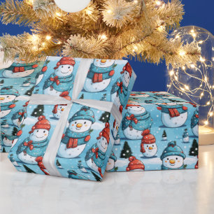 Snögubbar Gräs Träd Snö Blå jul Presentpapper