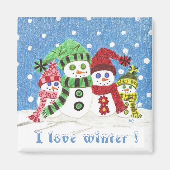 Snögubbar kylskåp och magnet för familjen. (Framsidan)