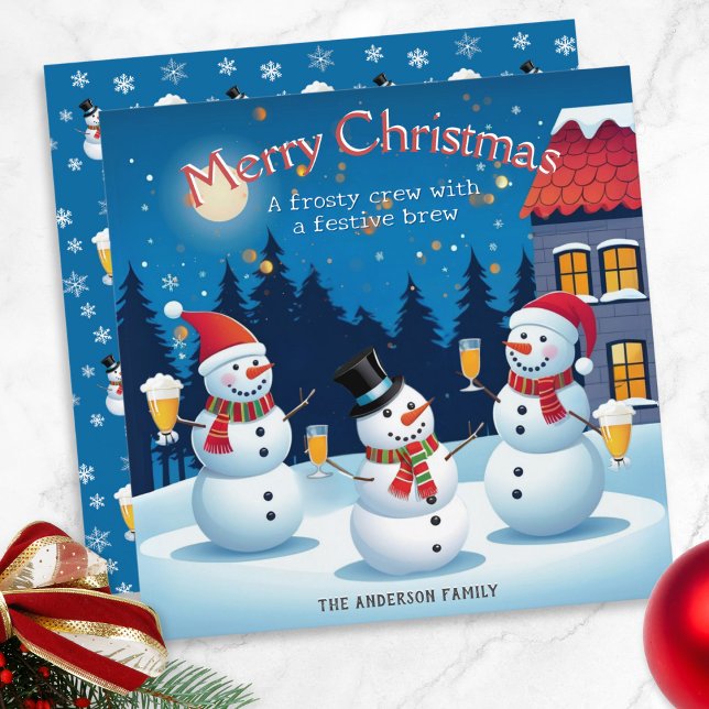 Snögubbar med drycker Frosty Cheer God jul Julkort (A colorful personalized Christmas card, with a picture of three snowmen enjoying Christmas drinks)