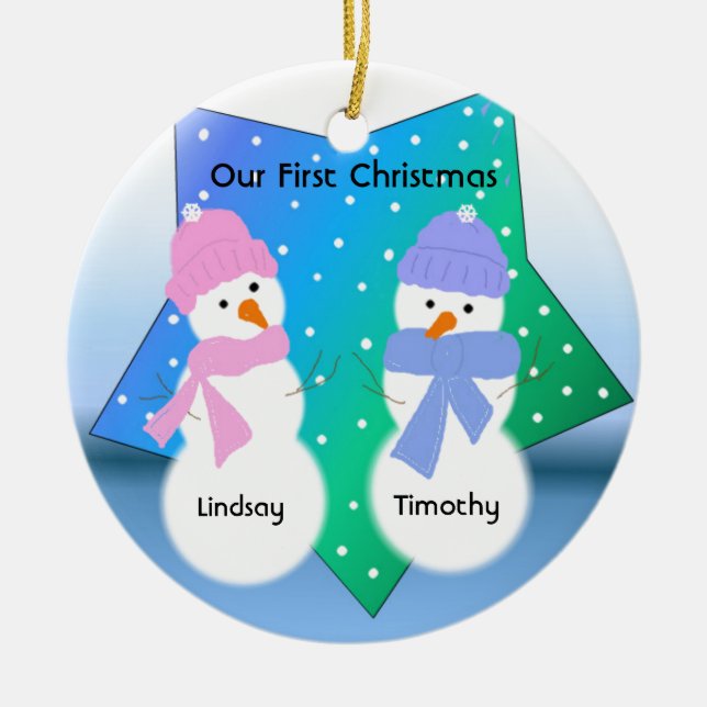 Snögubbar Newlyweds Julgransprydnad Keramik (Framsidan)