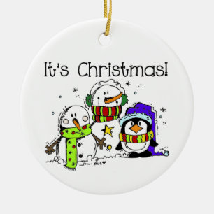 Snögubbar och Penguins Det är jul Julgransprydnad Keramik