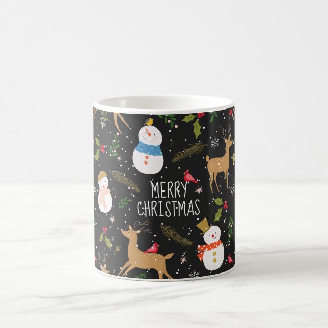 Snögubbar och renar, svart jul kaffemugg (Center)