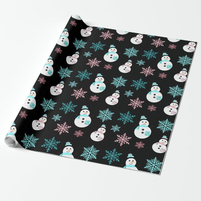 Snögubbar och Snöflingor Teal och Rosa Jul Presentpapper (Utrullad)
