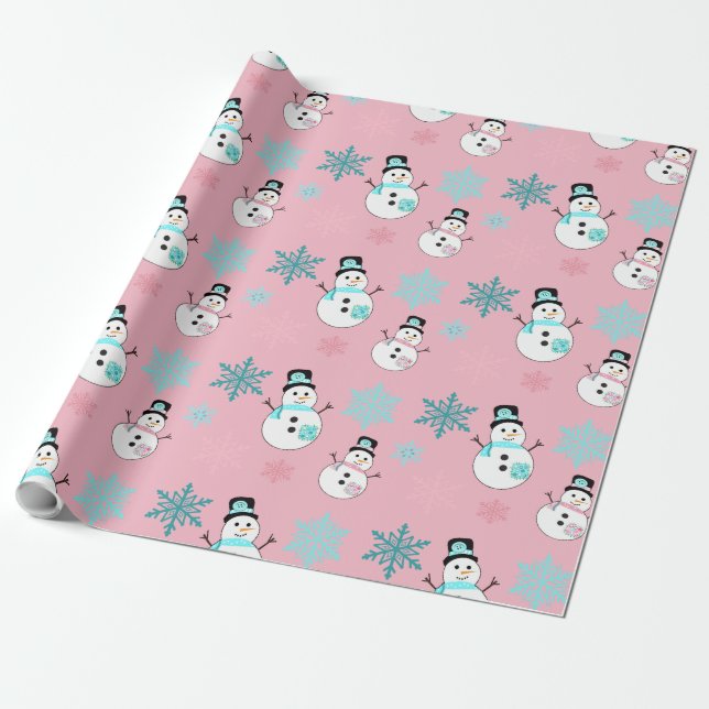 Snögubbar och Snöflingor Teal och Rosa Jul Presentpapper (Utrullad)