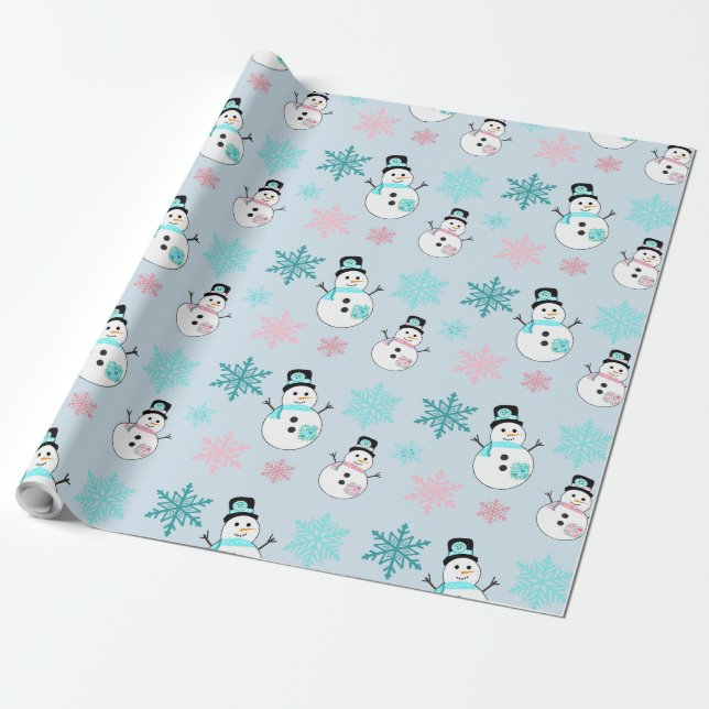 Snögubbar och Snöflingor Teal och Rosa Jul Presentpapper (Utrullad)