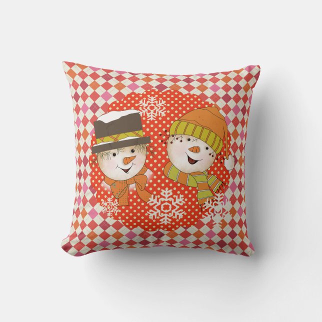 Snögubbar par punkter och Argyle Helgdag Pillow Kudde (Framsida)