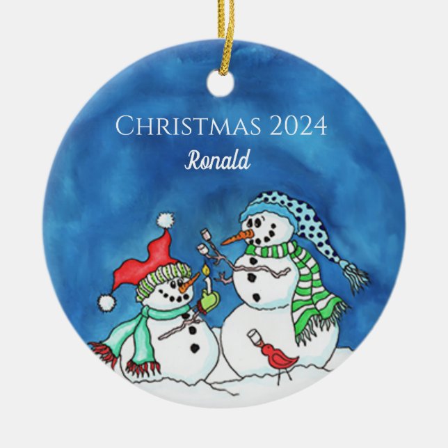 Snögubbar Rosting Marshmellows Personlig Ornamen Julgransprydnad Keramik (Framsidan)