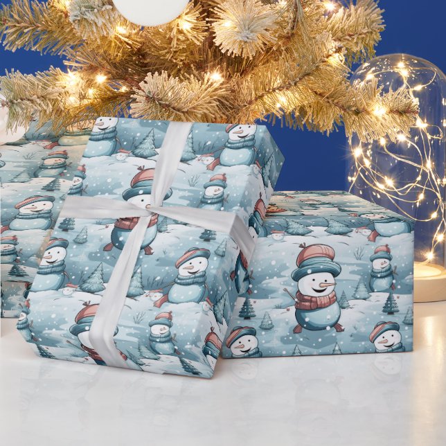Snögubbar Snöj Fält Träd Ice Blue-jul Presentpapper (Helgdagar)