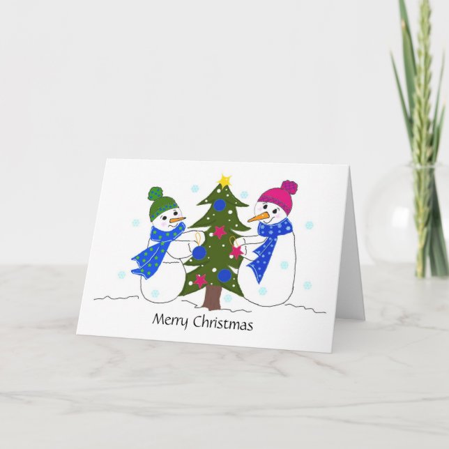 Snögubbar som dekorerar Julgran Helgkort (Framsida)