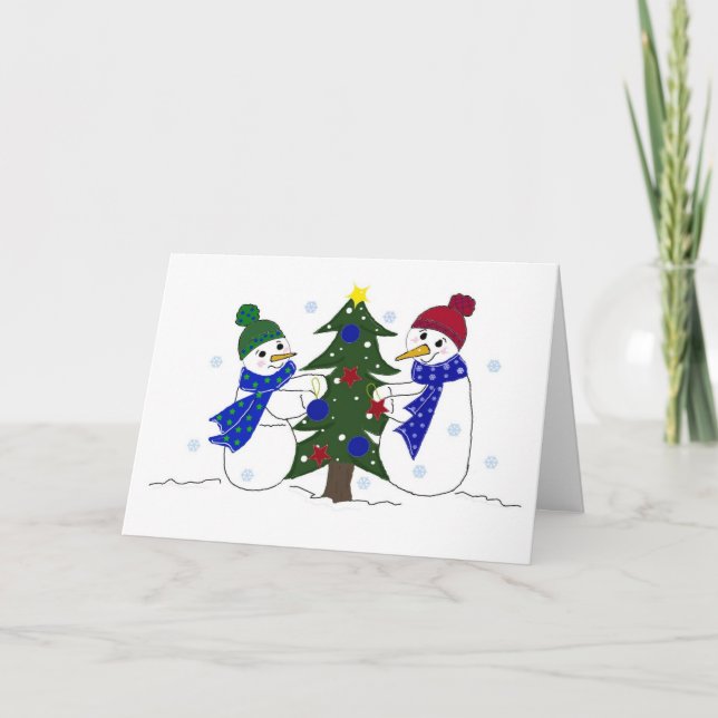 Snögubbar som dekorerar Julgran Helgkort (Framsida)