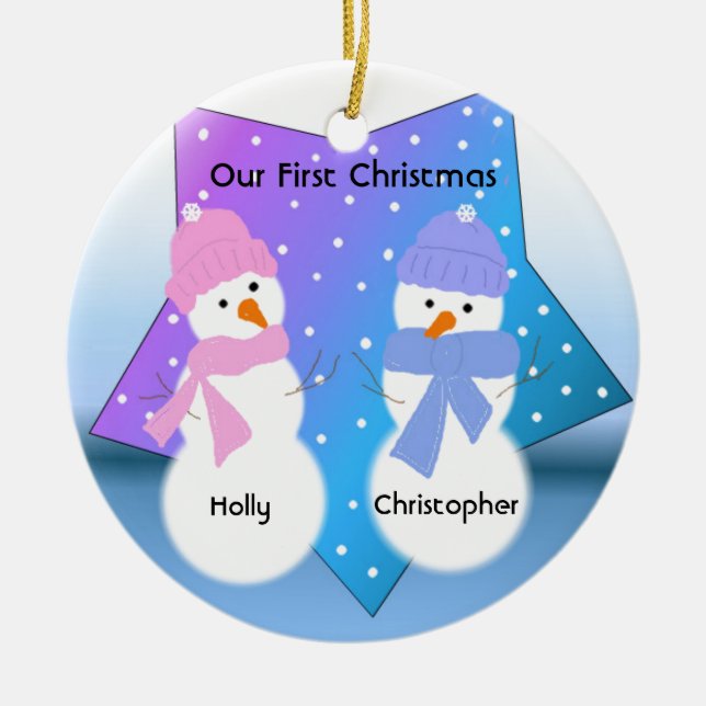 Snögubbar Twillingar Första jul Julgransprydnad Keramik (Framsidan)