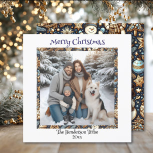 Snögubbarna Blue och Guld Familjefotojul Julkort