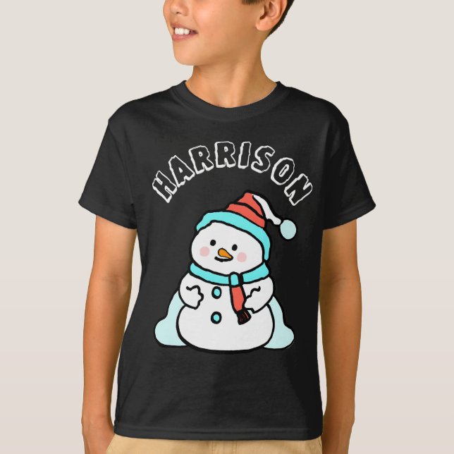 Snögubbe anpassade namnböcker Svart jul T Shirt (Framsida)