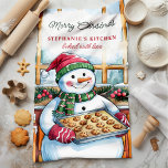 Snögubbe Baking Cookies Personlig jul Kökshandduk<br><div class="desc">Ta med dig fektiös ost till köket med den här personligen julhandduken med en vacker snögubbe som håller en bricka med nybakade kakor. Perfekt för att lägga till en helgdag till ditt köksdekoration, handduken kan anpassas med ditt namn, skapar den till en roligt och ett personligt tillägg till ditt hem...</div>
