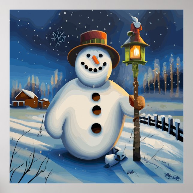 Snögubbe bär lyktan och vandrar nattetid poster (Framsidan)