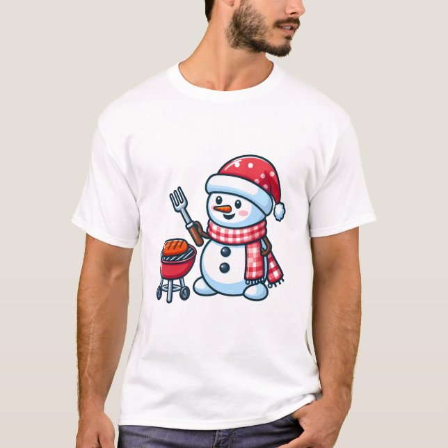 Snögubbe Barbeque Tecknad T Shirt (Framsida)