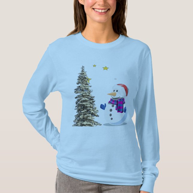 Snögubbe beundrar det gröna träd. t shirt (Framsida)